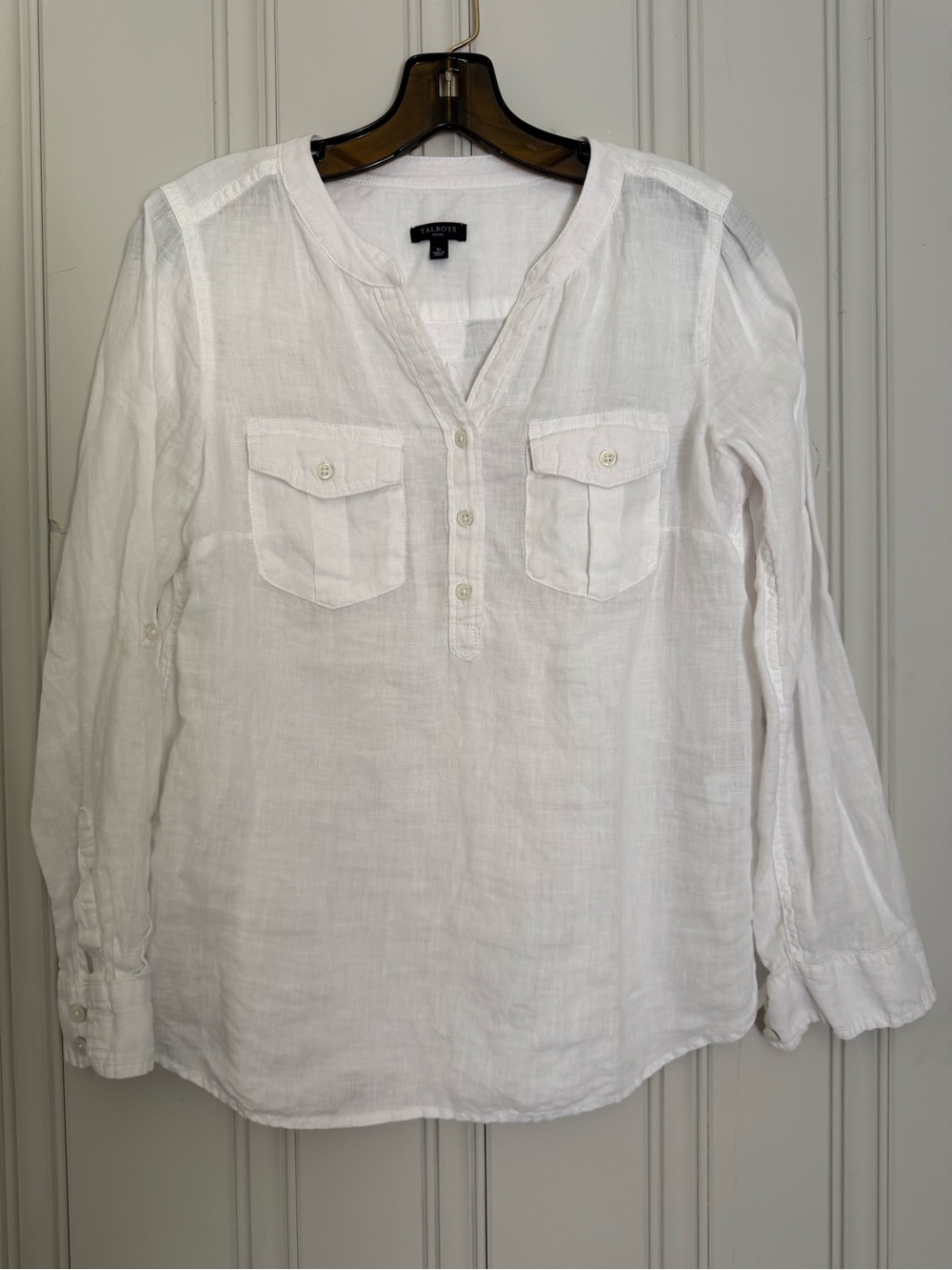 Talbots White Linen Split-Neck Tunic with Chest Pockets